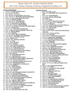 Mayor Byron W. Brown’s Reading Rules! 2014 Kids Summer Reading Challenge Suggested Reading List Preschool and Kindergarten First and Second Grade 1. Aardema, Verna- Who’s in Rabbit’s House? 1. Barton, Chris- Shark 