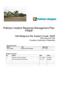 Pollution Incident Response Management Plan PIRMP Old Wallgrove Rd, Eastern Creek, NSW EPA Licence No 494 Crushing, Screening or Separating