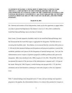 STATEMENT OF DANIEL N. WENK, DEPUTY DIRECTOR, NATIONAL PARK SERVICE, U.S. DEPARTMENT OF THE INTERIOR, BEFORE THE SENATE SUBCOMMITTEE ON NATIONAL PARKS OF THE COMMITTEE ON ENERGY AND NATURAL RESOURCES, CONCERNING S. 444, 