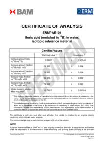 CERTIFICATE OF ANALYSIS ERM®-AE101 Boric acid (enriched in 10B) in water, isotopic reference material Certified Values Certified value 1)