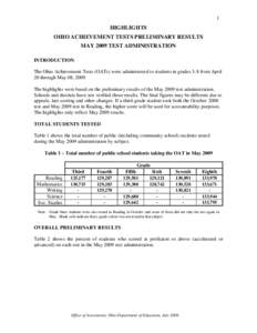 1  HIGHLIGHTS OHIO ACHIEVEMENT TESTS PRELIMINARY RESULTS MAY 2009 TEST ADMINISTRATION INTRODUCTION