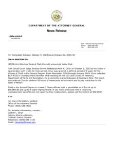 DEPARTMENT OF THE ATTORNEY GENERAL  News Release LINDA LINGLE GOVERNOR