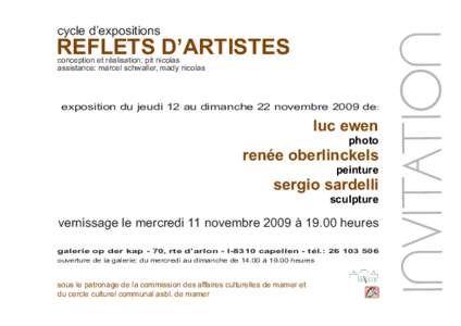 REFLETS D’ARTISTES conception et réalisation: pit nicolas assistance: marcel schwaller, mady nicolas exposition du jeudi 12 au dimanche 22 novembre 2009 de: