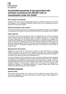 Accelerated payments of tax associated with schemes covered by the DOTAS rules or counteracted under the GAAR