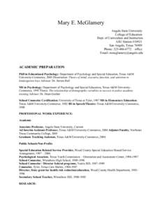 Mary E. McGlamery Angelo State University College of Education Dept. of Curriculum and Instruction ASU Station #10921 San Angelo, Texas 76909