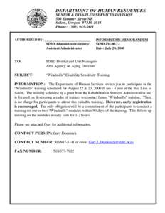 DEPARTMENT OF HUMAN RESOURCES SENIOR & DISABLED SERVICES DIVISION 500 Summer Street NE Salem, Oregon[removed]Phone: ([removed]