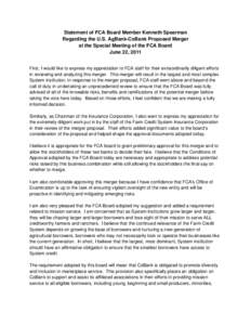 Statement of FCA Board Member Kenneth Spearman Regarding the U.S. AgBank-CoBank Proposed Merger at the Special Meeting of the FCA Board June 22, 2011