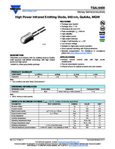 TSAL6400 www.vishay.com Vishay Semiconductors  High Power Infrared Emitting Diode, 940 nm, GaAlAs, MQW