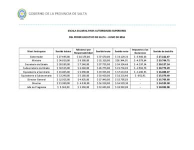 ESCALA SALARIAL PARA AUTORIDADES SUPERIORES DEL PODER EJECUTIVO DE SALTA – JUNIO DE 2014 Nivel Jerárquico  Sueldo básico