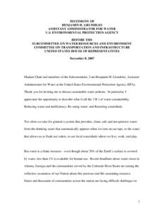 TESTIMONY OF BENJAMIN H. GRUMBLES ASSISTANT ADMINISTRATOR FOR WATER U.S. ENVIRONMENTAL PROTECTION AGENCY BEFORE THE SUBCOMMITTEE ON WATER RESOURCES AND ENVIRONMENT