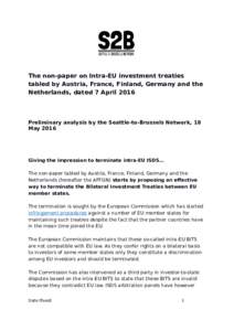 The non-paper on Intra-EU investment treaties tabled by Austria, France, Finland, Germany and the Netherlands, dated 7 April 2016 Preliminary analysis by the Seattle-to-Brussels Network, 18 May 2016