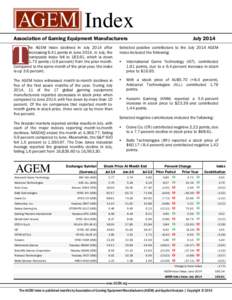 Index Association of Gaming Equipment Manufacturers July[removed]he AGEM Index declined in July 2014 after