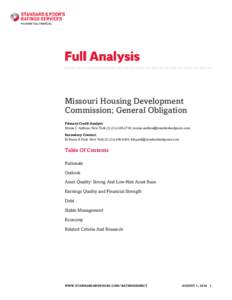 Missouri Housing Development Commission; General Obligation Primary Credit Analyst: Moraa C Andima, New York[removed]; [removed] Secondary Contact: Ki Beom K Park, New York[removed]