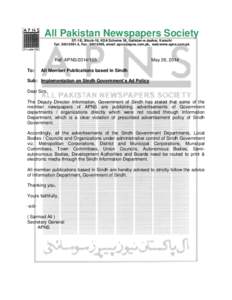 All Pakistan Newspapers Society ST-1/E, Block-16, KDA Scheme 36, Gulistan-e-Jauhar, Karachi Tel: [removed], Fax: [removed], email: [removed], web:www.apns.com.pk Ref: APNS[removed]To: