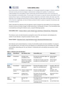 Vulnerability Index Rural communities in the Mediterranean Region are increasingly exposed to changes in climatic conditions and water scarcity, but also to changes in socioeconomic settings and in policies. To improve o