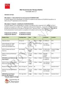 MSc	
  Neuromuscular	
  Therapy	
  (Dublin)	
   Timetable	
  2015-­‐17	
   	
   Indicative	
  EU	
  fees:	
   	
   MSc	
  Option	
  1:	
  	
  Discounted	
  fee	
  for	
  early	
  payment:	
  €8,0