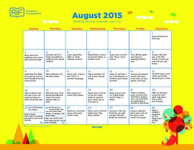 August 2015 Reading Activity Calendar (ages 0-5) Sunday Monday