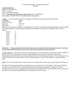 67-100, Basic Algebra – Spring Semester 2014 MTuWF Contact Information: Instructor: Karen Klemm Office: Swart 207 E-mail: [removed]