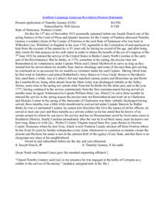 Southern Campaign American Revolution Pension Statements Pension application of Timothy Gauney S3383 fn15NC Transcribed by Will Graves[removed]State of Tennessee, Fentress County