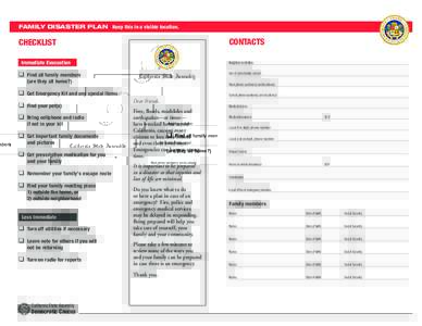 FAMILY DISASTER PLAN Keep this in a visible location.  CONTACTS CHECKLIST Immediate Evacuation