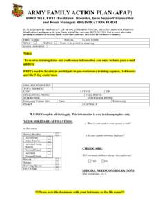 ARMY FAMILY ACTION PLAN (AFAP) FORT SILL FRTI (Facilitator, Recorder, Issue Support/Transcriber and Room Manager) REGISTRATION FORM DATA REQUIRED BY THE PRIVACY ACT OF 1974; AUTHORITY: 5 USC 301, 10 USC[removed]PRINCIPAL P