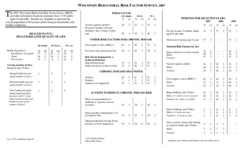 WISCONSIN BEHAVIORAL RISK FACTOR SURVEY, 2007  T he 2007 Wisconsin Behavioral Risk Factor Survey (BRFS) provides information based on responses from 7,435 adults