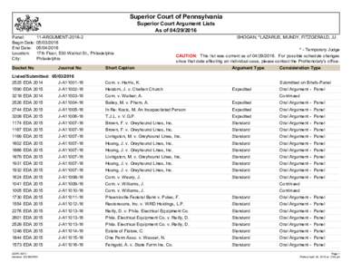 Superior Court of Pennsylvania Superior Court Argument Lists As ofPanel: Begin Date: End Date: