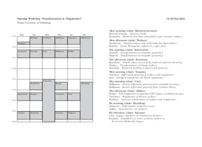 Opening Workshop “Transformations & Singularities”  15–20 Sep 2014 Vienna University of Technology