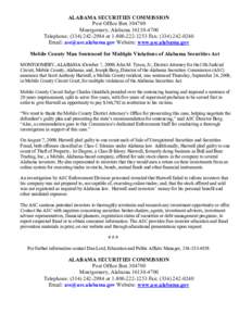 ALABAMA SECURITIES COMMISSION Post Office Box[removed]Montgomery, Alabama[removed]Telephone: ([removed]or[removed]Fax: ([removed]Email: [removed] Website: www.asc.alabama.gov Mobile County Ma