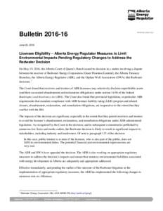 Bulletin: Licensee Eligibility – Alberta Energy Regulator Measures to Limit Environmental Impacts Pending Regulatory Changes to Address the Redwater Decision