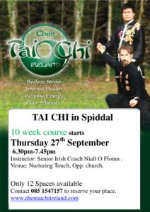 TAI CHI in Spiddal 10 week course starts th Thursday 27 September 6.30pm-7.45pm Instructor: Senior Irish Coach Niall O Floinn .