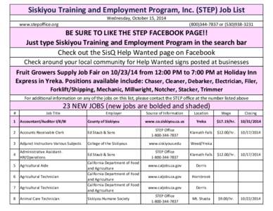 Siskiyou Training and Employment Program, Inc. (STEP) Job List Wednesday, October 15, 2014 www.stepoffice.orgor
