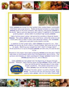 Idaho onions are known for their golden color, globe shape, remarkably mild flavor and crisp texture. These attributes combine to make Idaho onions some of the most versatile, best tasting, and popular onions in the worl