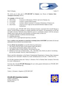 Dear Colleague,  Letter # 1 We invite you to take part in EWADE 2007 in Samara city, Russia at Samara State Aerospace University (SSAU).