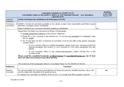 Deadline[removed]p.m. CET Comments Template on CEIOPS-CP 54 Consultation Paper on the Draft L2 Advice on SCR Standard Formula – Loss absorbing