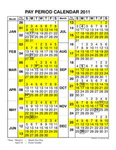 PAY PERIOD CALENDAR 2011 Month JAN  Pay