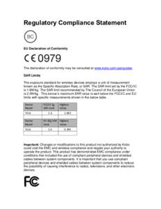 Regulatory Compliance Statement  EU Declaration of Conformity The declaration of conformity may be consulted at www.kobo.com/userguides SAR Limits