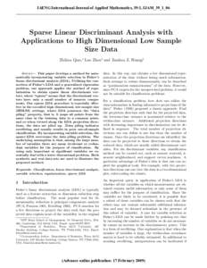 IAENG International Journal of Applied Mathematics, 39:1, IJAM_39_1_06 ______________________________________________________________________________________ Sparse Linear Discriminant Analysis with Applications to High 
