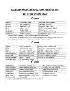 REDLANDS MIDDLE SCHOOL SUPPLY LIST FOR THE[removed]SCHOOL YEAR 6th Grade