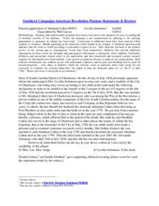 Southern Campaign American Revolution Pension Statements & Rosters Pension application of Abraham Cohen R9931 Transcribed by Will Graves Cecilia Solomons 1