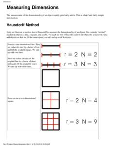 Dimension  Measuring Dimensions The measurement of the dimensionality of an object rapidly gets fairly subtle. This is a brief and fairly simple introduction.
