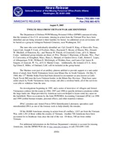 News Release Defense Prisoner of War/Missing Personnel Office (Public Affairs) Washington, DC[removed]Phone: ([removed]Fax[removed]