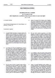 Recomendación de la Comisión, de 27 de octubre de 2011, sobre la digitalización y accesibilidad en línea del material cultural y la conservación digital