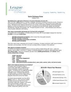 Quick Orchestra Facts October 2013 Orchestras are a vital part of America’s musical landscape and civic life… With more than 1,800 symphony, chamber, collegiate, and youth orchestras across the country, America is br