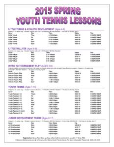 LITTLE TENNIS & ATHLETIC DEVELOPMENT (Ages 4-6)_________________________________ Session is 12 weeks long • Student / teacher ratio is 6:1 • R=Resident, NR=Non Resident • No Class on Sunday, April 5 Level Little Te