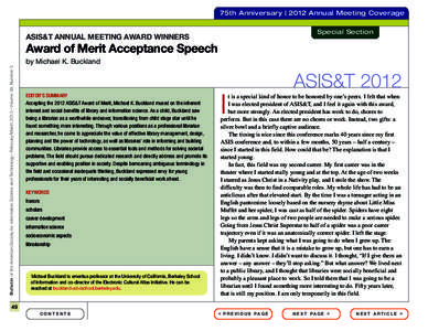 75th Anniversary | 2012 Annual Meeting Coverage Special Section ASIS&T ANNUAL MEETING AWARD WINNERS  Award of Merit Acceptance Speech