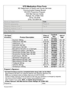 STD Medication Price Form NC Department of Health and Human Services Communicable Disease Branch HIV/STD Prevention Program 1933 Mail Service Center Raleigh, NC[removed]