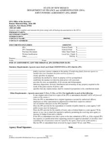 STATE OF NEW MEXICO DEPARTMENT OF FINANCE and ADMINISTRATION (DFA) JOINT POWERS AGREEMENT (JPA) BRIEF DFA Office of the Secretary Bataan Memorial Bldg., Suite 180