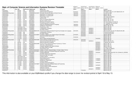 Dept. of Computer Science and Information Systems Revision Timetable Level Postgraduate Undergraduate Undergraduate/Postgraduate Undergraduate