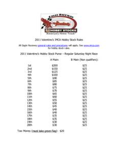 2011 Valentino’s IMCA Hobby Stock Rules All Eagle Raceway general rules and procedures will apply. See www.imca.com for hobby stock rules[removed]Valentino’s Hobby Stock Purse – Regular Saturday Night Race